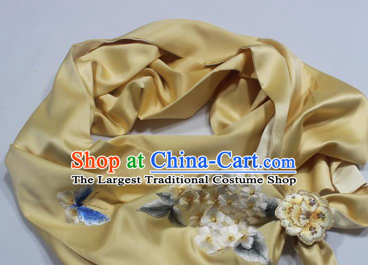 Chinese Traditional Embroidered Plum Butterfly Scarf with Brooch Yellow Silk Tippet Cheongsam Accessories