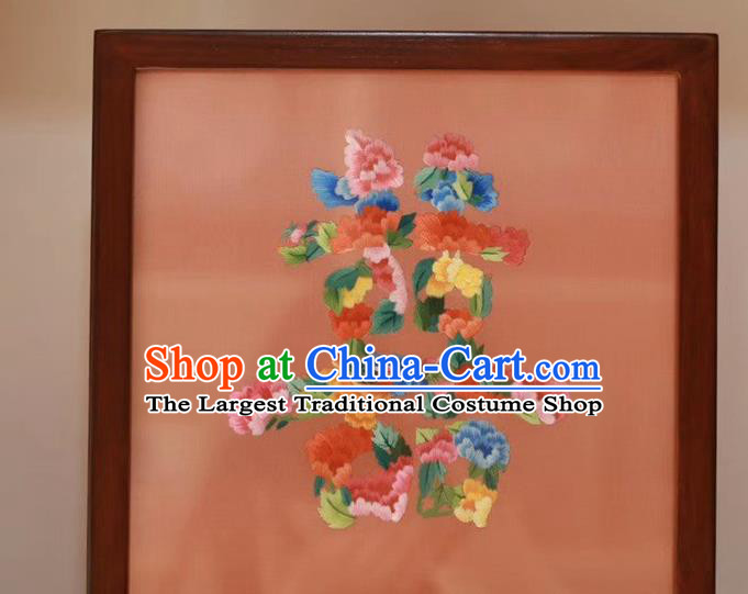 Traditional China Wedding Craft Handmade Rosewood Table Decoration Embroidery Peony Desk Screen