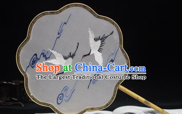 Handmade Embroidered Crane Silk Fan China Traditional Palace Fan Classical Dance Embroidery Fan
