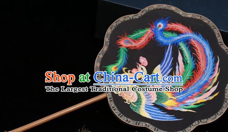 China Traditional Black Silk Fan Handmade Embroidered Palace Fan Classical Dance Embroidery Phoenix Fan
