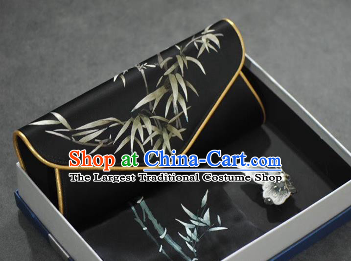 Chinese Suzhou Embroidery Bamboo Cheongsam Accessories Traditional Embroidered Black Silk Scarf and Handbag Brooch Set