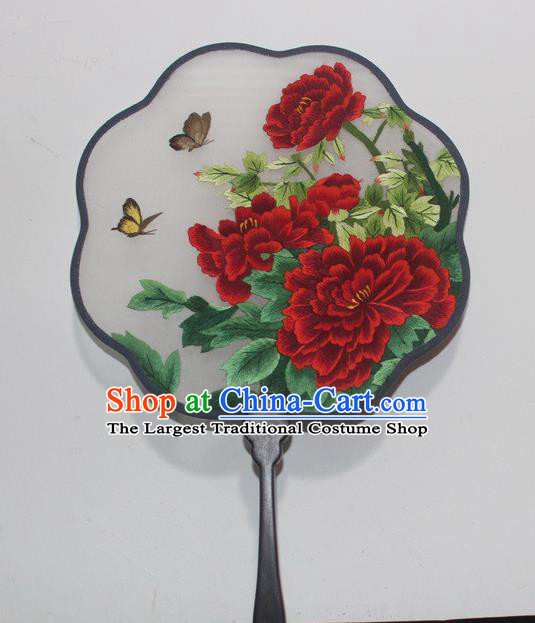 China Double Side Embroidery Peony Palace Fan Traditional Embroidered Fan Handmade Rosewood Silk Fan