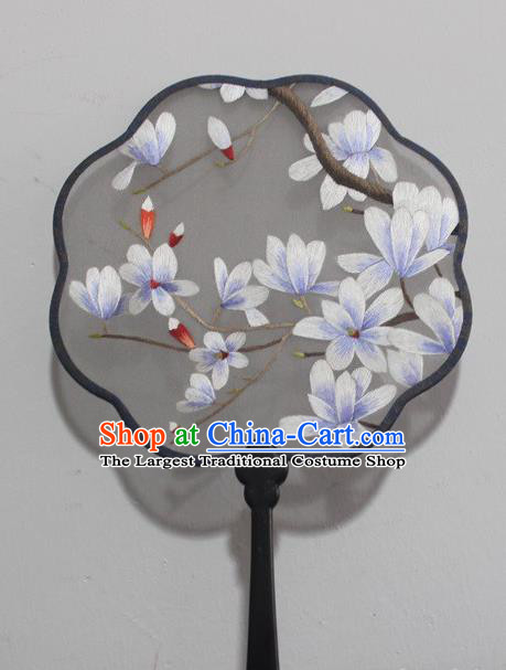 Handmade Double Side Silk Fan China Rosewood Embroidered Fan Traditional Embroidery Purple Mangnolia Palace Fan