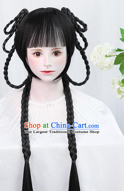 Chinese Qing Dynasty Young Female Bangs Wigs Best Quality Wigs China Cosplay Wig Chignon Ancient Village Girl Wig Sheath