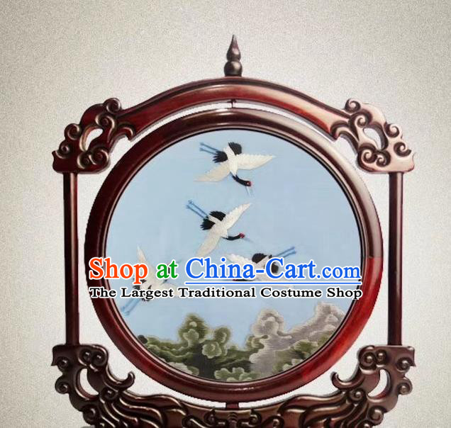 Traditional Handmade Rosewood Carving Decoration China Embroidered Cranes Painting Desk Screen