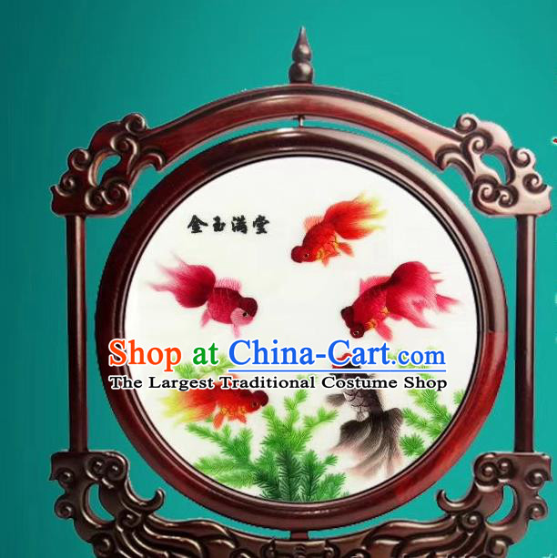 China Traditional Handmade Rosewood Decoration Suzhou Exquisite Embroidered Desk Screen Double Side Embroidery Goldfish Craft