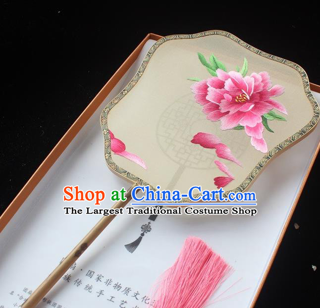 Handmade China Embroidered Palm Leaf Fans Classical Dance Suzhou Embroidery Peony Palace Fan Silk Fan