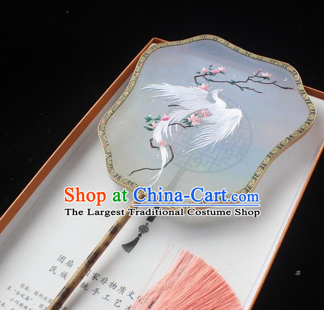 China Embroidered Palm Leaf Fans Classical Dance Suzhou Embroidery White Phoenix Palace Fan Handmade Silk Fan