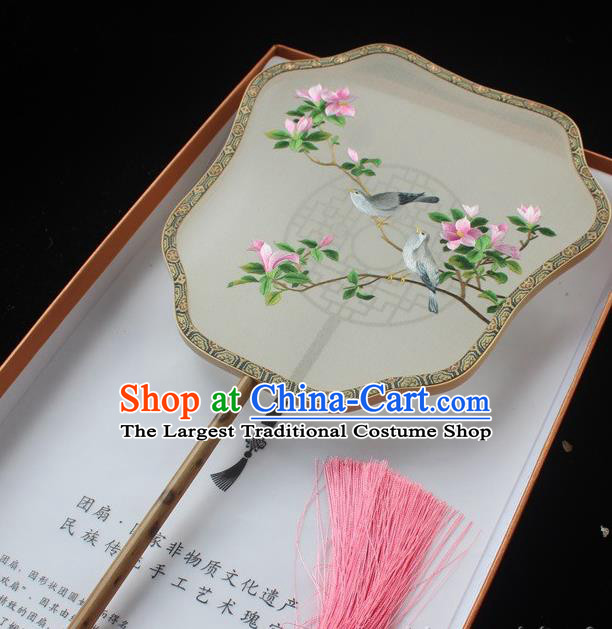 Handmade Suzhou Embroidery Begonia Palace Fan China Embroidered Palm Leaf Fans Classical Dance Silk Fan