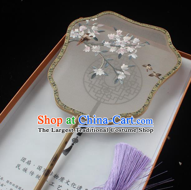 China Embroidered Palm Leaf Fans Classical Dance Silk Fan Handmade Suzhou Embroidery Flowers Bird Palace Fan