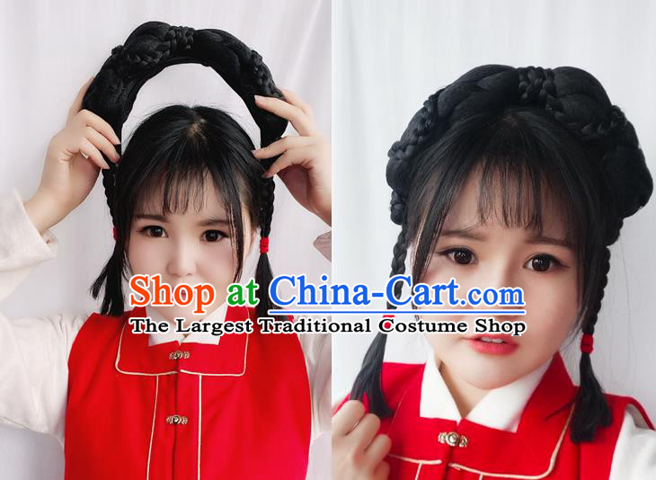 Chinese Ming Dynasty Servant Girl Wig Hairpiece Quality Wig Sheath China Ancient Cosplay Country Lady Wigs Braid Hair Clasp