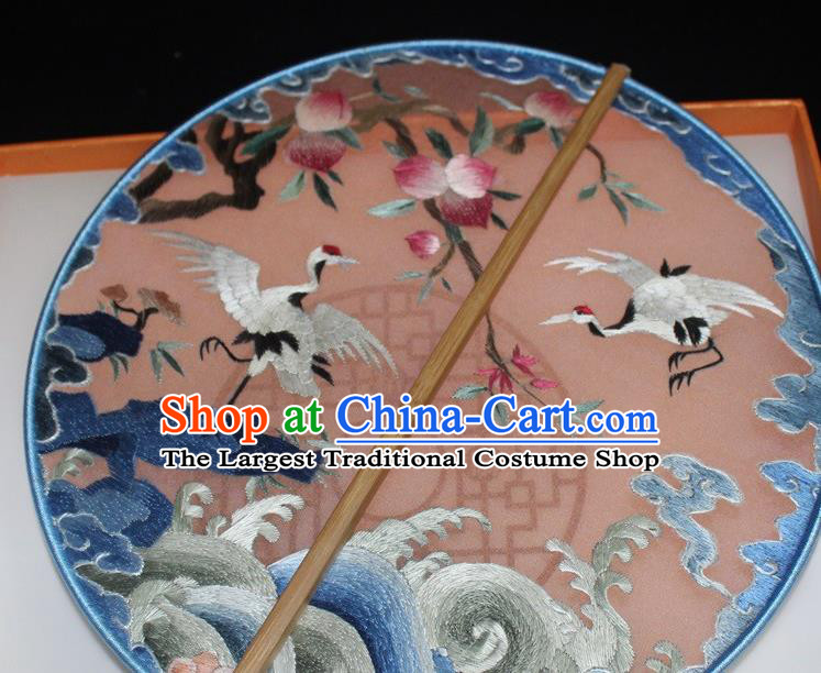 China Red Silk Round Fan Embroidery Crane Palace Fan Handmade Suzhou Embroidered Fan Traditional Court Hanfu Fan