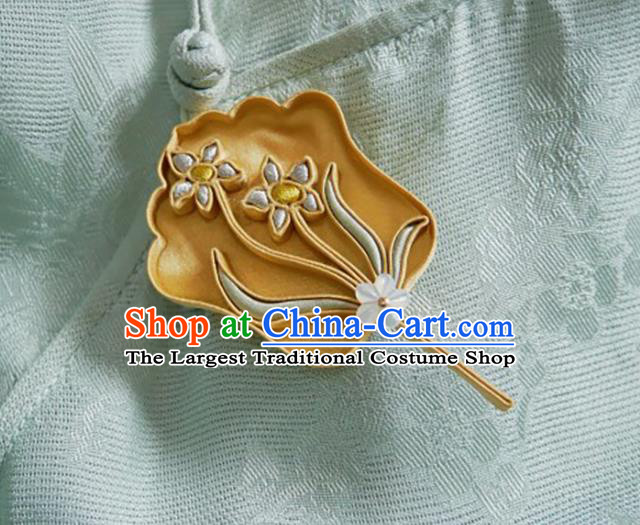 China Handmade Silk Brooch Traditional Cheongsam Accessories Golden Orchids Fan Breastpin