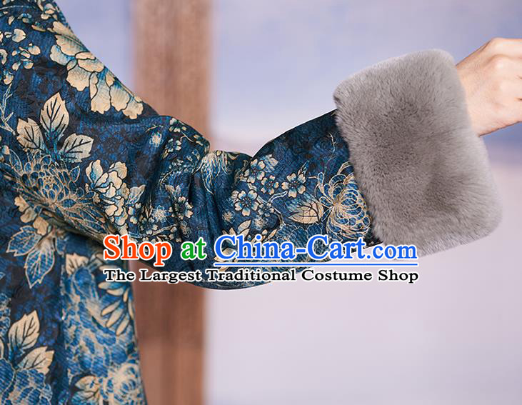 Chinese Navy Jacket Women Winter Outer Garment Watered Gauze Coat Traditional National Clothing