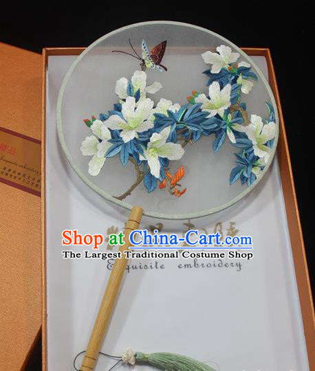China Ancient Princess Fan Handmade Exquisite Embroidery White Flowers Fan Traditional Palace Fan