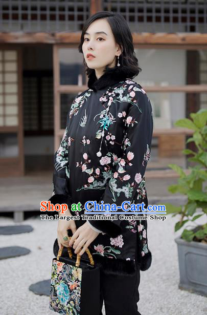 Chinese Black Satin Jacket Traditional National Clothing Winter Outer Garment Women Embroidered Cotton Wadded Coat