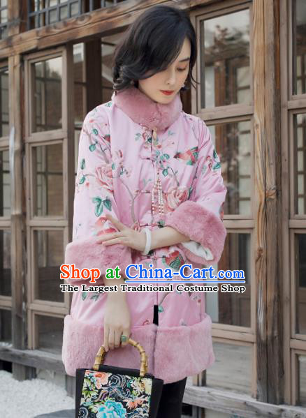 Chinese Winter Outer Garment Women Embroidered Peony Birds Cotton Wadded Coat Pink Satin Jacket Traditional National Clothing