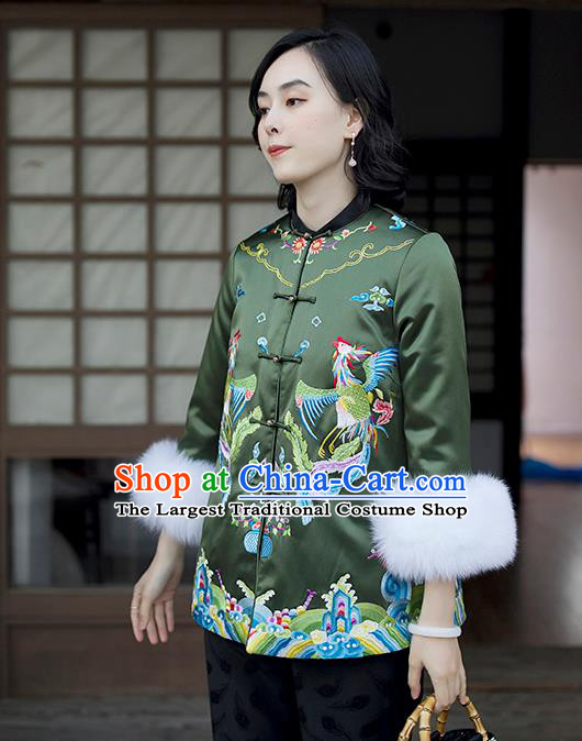 Chinese Women Green Satin Jacket Winter Outer Garment Traditional National Clothing Embroidered Phoenix Cotton Wadded Coat