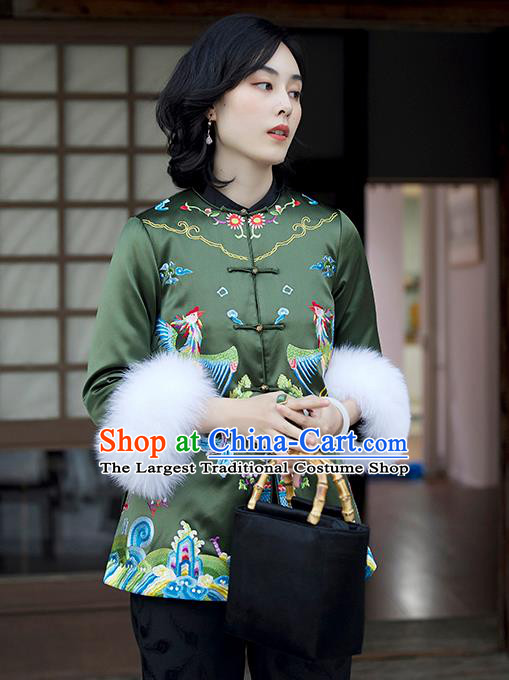 Chinese Women Green Satin Jacket Winter Outer Garment Traditional National Clothing Embroidered Phoenix Cotton Wadded Coat
