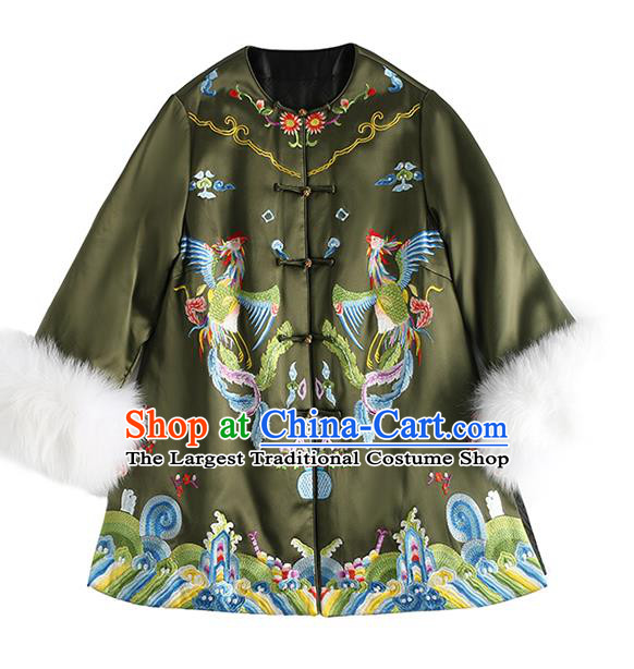 Chinese Women Green Satin Jacket Winter Outer Garment Traditional National Clothing Embroidered Phoenix Cotton Wadded Coat