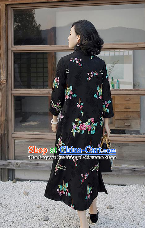 Traditional Embroidered Orchids Peony Cheongsam China National Clothing Black Satin Qipao Dress for Women