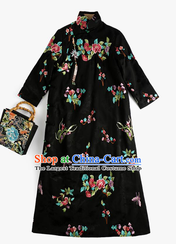 Traditional Embroidered Orchids Peony Cheongsam China National Clothing Black Satin Qipao Dress for Women