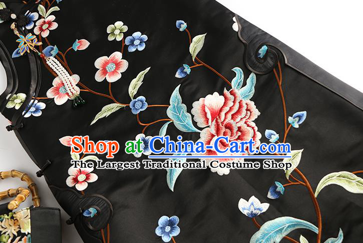 Traditional China Embroidered Vest Cheongsam Classical Peony Pattern Black Satin Qipao Dress National Clothing for Women