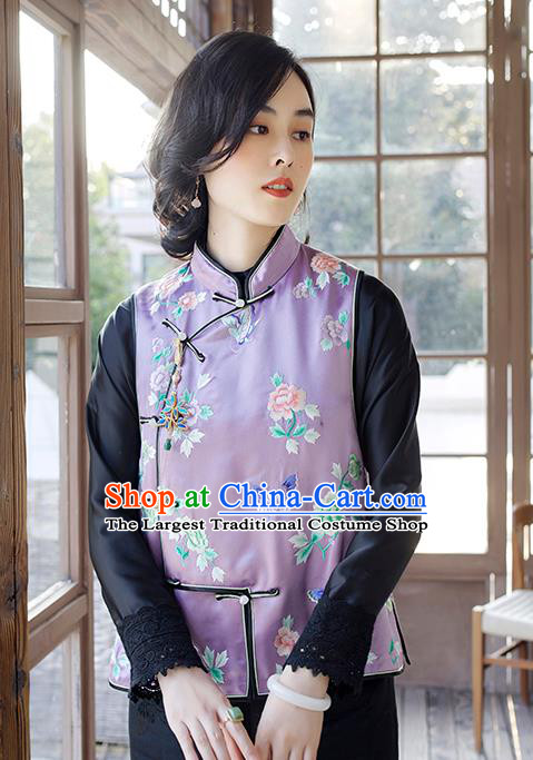 Traditional China Classical Cheongsam Vest National Clothing Embroidered Butterfly Peony Lilac Waistcoat for Women