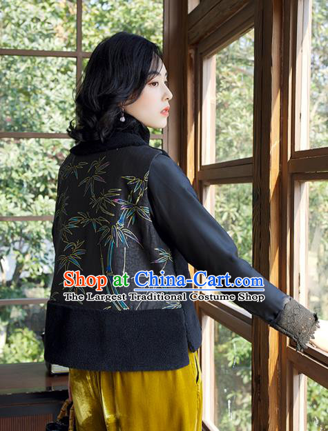 Traditional China Embroidered Bamboo Black Waistcoat Classical Cheongsam Vest National Female Clothing