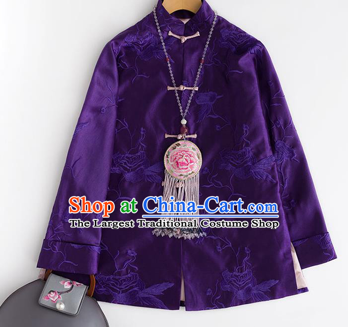 Chinese Women Outer Garment Embroidered Purple Silk Coat Embroidery Jacket Traditional National Clothing