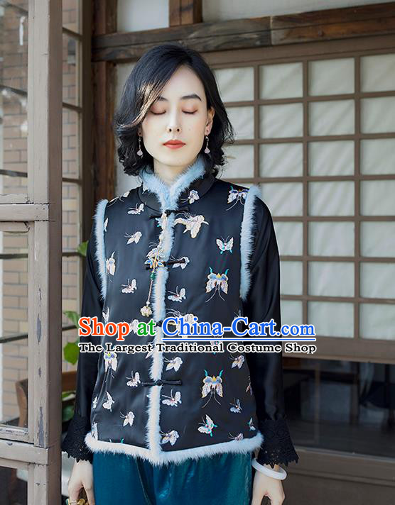 Traditional Embroidered Butterfly Waistcoat National Female Clothing China Classical Cheongsam Black Cotton Padded Vest