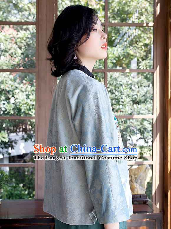 Chinese Traditional Blue Jacquard Short Coat Outer Garment National Clothing Women Jacket