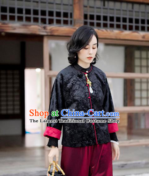 Chinese Traditional Outer Garment National Clothing Women Jacket Black Jacquard Short Coat