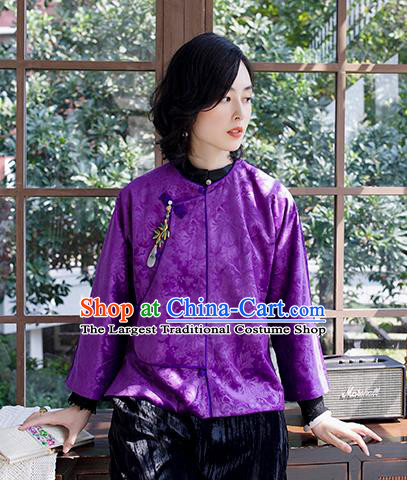 Chinese National Clothing Women Jacket Purple Jacquard Short Coat Traditional Outer Garment