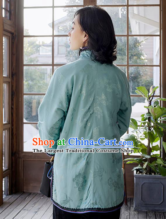 Chinese Traditional Women Blue Cotton Wadded Jacket Embroidered Lotus Coat Winter Outer Garment National Clothing