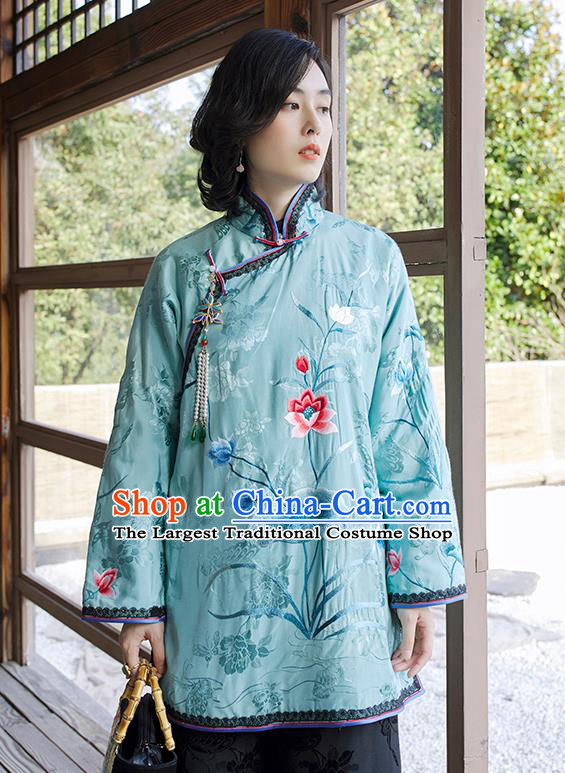 Chinese Traditional Women Blue Cotton Wadded Jacket Embroidered Lotus Coat Winter Outer Garment National Clothing