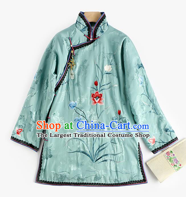 Chinese Traditional Women Blue Cotton Wadded Jacket Embroidered Lotus Coat Winter Outer Garment National Clothing