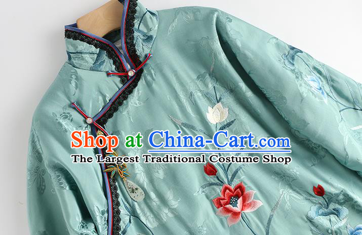 Chinese Traditional Women Blue Cotton Wadded Jacket Embroidered Lotus Coat Winter Outer Garment National Clothing
