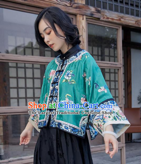 Chinese Embroidered Butterfly Peony Coat National Clothing Traditional Outer Garment Women Green Silk Jacket