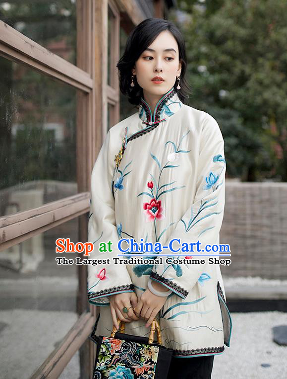 Chinese Traditional Embroidered Lotus Coat Winter Outer Garment National Clothing Women Beige Cotton Wadded Jacket