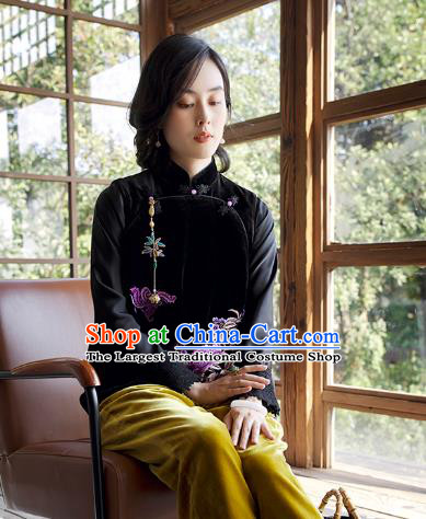 Traditional China Embroidered Peony Black Velvet Waistcoat National Female Clothing Classical Cheongsam Vest