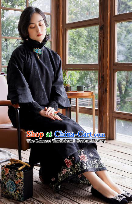 China Classical Black Cotton Wadded Cheongsam Traditional National Female Clothing Women Silk Qipao Dress