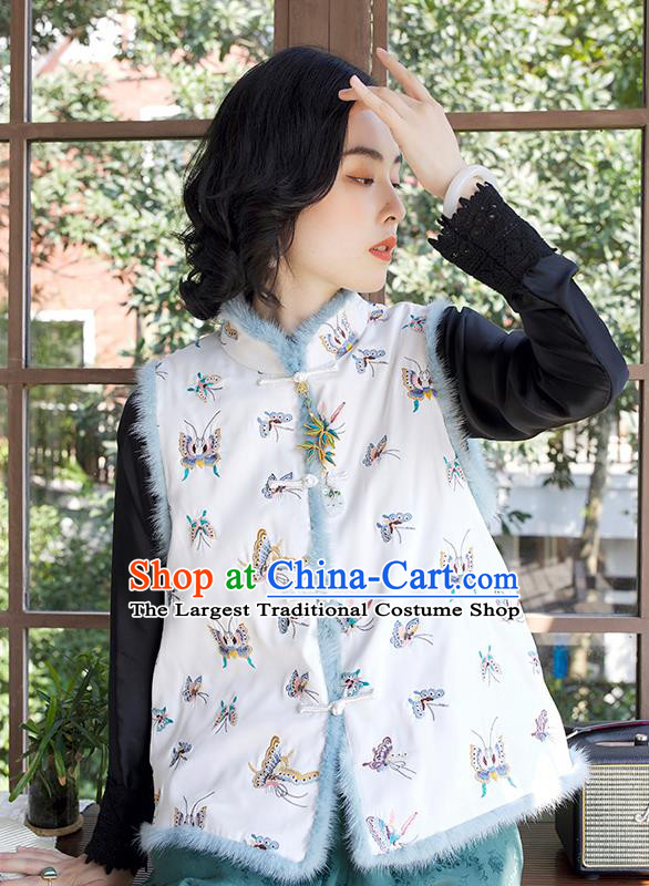 Traditional China Embroidered Butterfly Waistcoat National Female Clothing Classical Cheongsam White Cotton Padded Vest