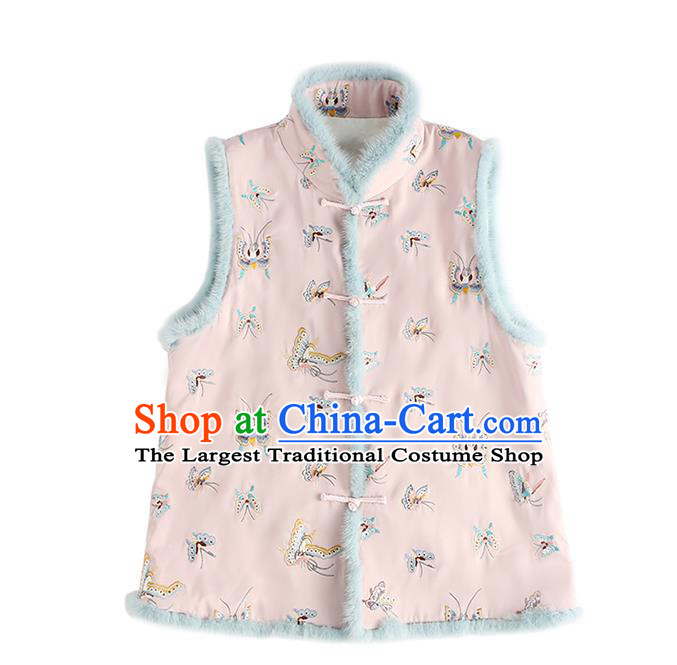 Traditional China Classical Cheongsam Pink Cotton Padded Vest Embroidered Butterfly Waistcoat National Female Clothing