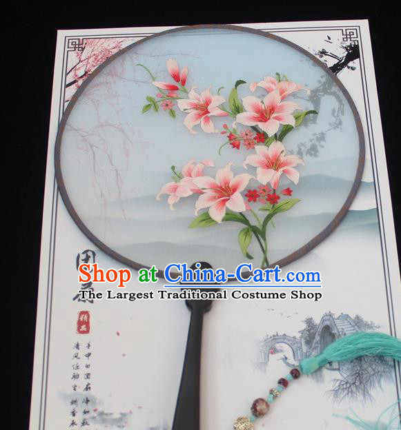 Traditional Handmade Palace Fan China Ancient Princess Round Fan Exquisite Embroidery Lily Flowers Fan