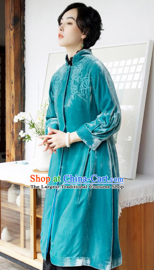Chinese Traditional Clothing Women Blue Velvet Coat Outer Garment