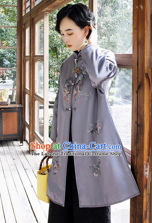 Chinese Women Embroidered Lilac Satin Coat Outer Garment Traditional Winter Clothing
