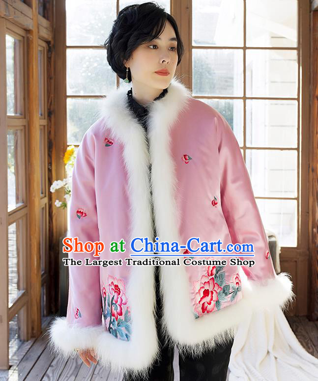 Chinese Winter Cotton Padded Jacket Traditional National Clothing Women Outer Garment Embroidered Pink Silk Coat