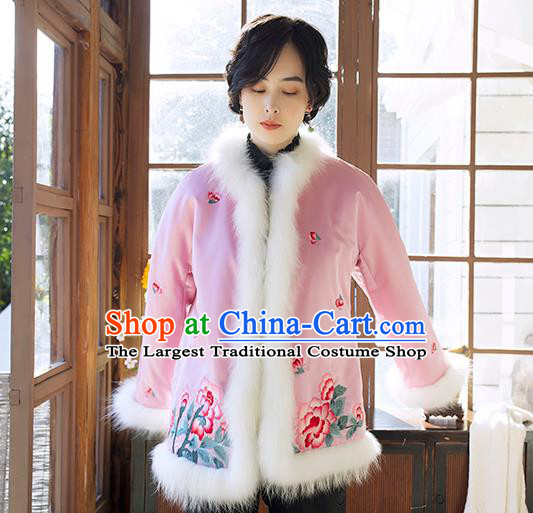Chinese Winter Cotton Padded Jacket Traditional National Clothing Women Outer Garment Embroidered Pink Silk Coat