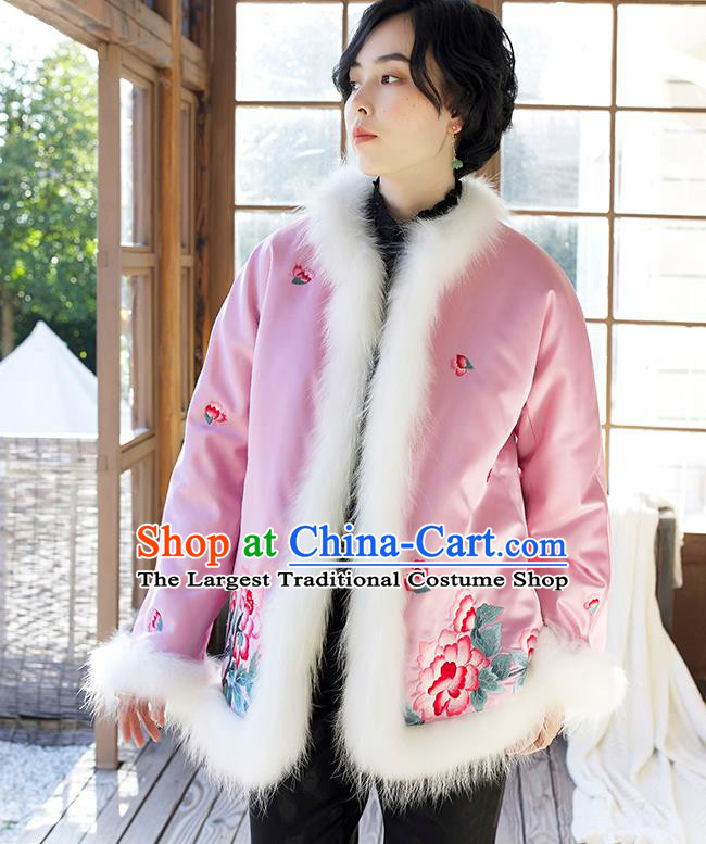 Chinese Winter Cotton Padded Jacket Traditional National Clothing Women Outer Garment Embroidered Pink Silk Coat